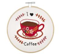 Trimits Embroidery Hoop Kits - 15cm 6” Beginner Starter Set, Includes Bamboo Hoop Threads Cloth Needle Backing & Instructions, I Love Coffee