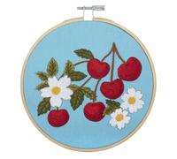Trimits Embroidery Kit with Hoop - Cherries Design on Pre-Printed Cotton Fabric (25 x 25cm) with Felt Backing, Thread, Needle and Instructions - Uses a Mixture of Popular Embroidery Stitches.