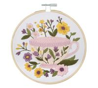 Trimits Embroidery Kit with Hoop - Tea Cup Design on Pre-Printed Cotton Fabric (25 x 25cm) with Felt Backing, Thread, Needle and Instructions - Uses a Mixture of Popular Embroidery Stitches.