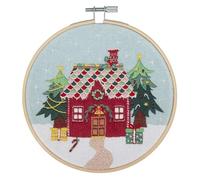 Trimits Embroidery Kits - 15cm 6" Embroidery Beginners Kit, Cross Stitch Kits for Adults, Starter Set with Bamboo Hoop, Fabric, Threads, Needle & Backing - Christmas Cottage