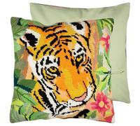 Trimits Half Stitch/Tapestry Cushion Kit - Tiger Design on 8 Count Pre-Printed Canvas (40 x 40cm) with Yarn, Needle, Zippered Cushion Back and Instructions - Create a Vibrant Cushion Cover.