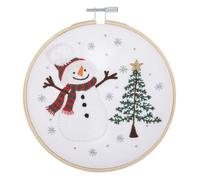 Trimits Snowman Embroidery Hoop Kit with Pre-Printed Fabric & Thread | Includes bamboo hoop, pre-printed cotton fabric, threads, needle, felt backing and video tutorials via QR code.