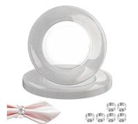 Trimming Shop 13-Inch Glass Charger Plates with Silver Checkered and Hammered Napkin Rings Pack of 6 for Weddings, Banquets, Birthdays, Dinner Parties, Catering, and Event Supplies