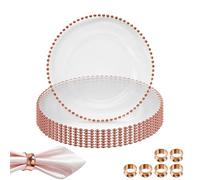 Trimming Shop 13 Inch Round Clear Glass Charger Plates with Rose Gold Beads & Hammered Design Napkin Rings pack of 6 Perfect for Wedding, Dinner Party & Table Décor.