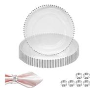 Trimming Shop 13 Inch Round Clear Glass Charger Plates with Silver Beads & Hammered Design Napkin Rings - Perfect for Wedding, Dinner Party & Table Décor.