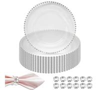 Trimming Shop 13 Inch Round Clear Glass Charger Plates with Silver Beads & Hammered Design Napkin Rings - Perfect for Wedding, Dinner Party & Table Décor.
