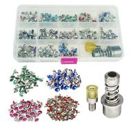 Trimming Shop 130 Set 8mm Diamante Rivet Bundle with 2-Part Die Set for Green Machine Hand Press - Multicolour Acrylic Rivets in Storage Case for DIY Crafts, Bags, Belts, and Leather Projects