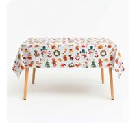 Trimming Shop 137cm x 274cm Rectangular White PVC Christmas Tablecloth with Xmas Ornament Design, Wipe Clean Waterproof Holiday Dining Table Protector, Reusable Spill-Proof Banquet Cover
