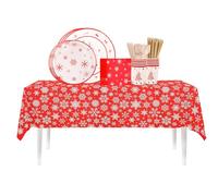 Trimming Shop 138 Pieces Christmas Party Tableware Set | Red & White Xmas Theme Disposable Dinnerware | Plates Cups Napkins Tablecover Straws Wooden Cutlery for 16 Guests | Xmas Party Supplies