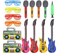 Trimming Shop 15pcs Inflatable Musical Instruments Party Props Set | 95cm Guitar, Microphones, Radios, Shutter Glasses & Air Pump 80s 90s Birthday, Hen Night, Stag, Photo Booth Accessories