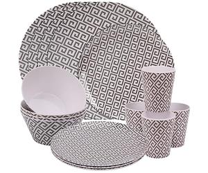 Trimming Shop 16 Piece Melamine Dinner Set | Plates, Dessert Plates, Bowls & Cups | Geometric Design | Party Dinnerware | Service for 4 | Reusable Dinnerware Set for Indoor, Outdoor, Picnic, Camping