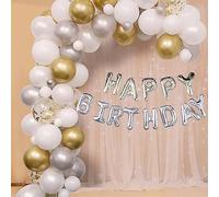 Trimming Shop 163pcs Balloon Garland Kit, Metallic Gold Silver White & Gold Confetti Balloon Arch Kit,13 Letters "Happy Birthday" Foil Balloon Banner for Men Women Boys Girls Birthday Party Decoration