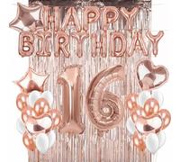 Trimming Shop 16th Birthday Party Decorations for Girls - Rose Gold Sweet 16 Party Decor Set with 16” Happy Birthday Banner, 40” Number Balloons, Latex & Foil Balloons, Tinsel Curtains & Ribbons