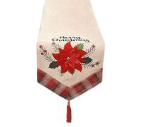 Trimming Shop 184cm x 34cm Beige Christmas Dining Table Runner, 3D Embroidered Poinsettia Red Flower, Buffalo Plaid Border, Rustic Farmhouse Holiday Dining Décor with Tassel for Indoor Outdoor Use