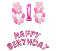 Trimming Shop 1st Birthday Balloons Decorations, Pink Party Decoration Set, Large Helium Digit 1 Balloon & Happy Birthday Foil Balloons for Birthday Party Supplies