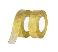 Trimming Shop 20mm Wide Gold Glitter Organza Christmas Ribbon For Gift Wrapping Packaging Xmas Tree Wreath Festival Decoration DIY Craft Hair Bows Making, 25 Yards