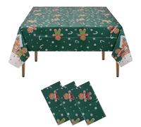 Trimming Shop 220cm x 130cm Dark Green Christmas Table Cover with Gingerbread Characters, Candy Canes and Peppermint Prints, Waterproof PVC Decorative Dining Table Protector, Xmas Table Cover - 3 Pack