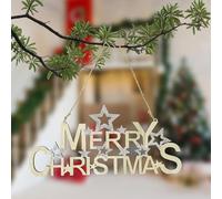Trimming Shop 30cm x 15cm Wooden Merry Christmas Hanging Sign, Pack of 1 | Golden Wall Plaque with Silver Glitter Star Ornaments, Rustic Xmas Door & Window Hanging Decor for Home
