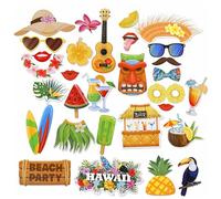 Trimming Shop 30pcs Hawaiian Photo Booth Props Kit - Tropical Summer Party Selfie Accessories with Guitar, Hat, Watermelon, Ice Cream & Reusable Cardboard Props