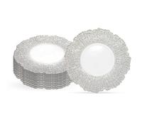Trimming Shop 33cm Silver Crackled Design Glass Charger Plates, White with Decorative Finish Dinner Table Chargers for Weddings, Parties, Birthdays & Catering Events, Large 13 Inch, Pack of 12