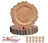 Trimming Shop 33cm Vintage Rose Gold Glass Charger Plates with Hammered Design Napkin Rings Pack of 12 for Weddings, Parties, Dinner Table Decorations, Catering Events, and Birthdays.