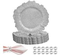 Trimming Shop 33cm Vintage Silver Glass Charger Plates with Hammered Design Napkin Rings Pack of 12 for Weddings, Parties, Dinner Table Decorations, Catering Events, and Birthdays.