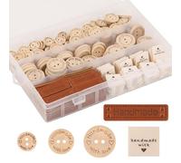 Trimming Shop 350pcs Handmade Labels & Buttons Set - 150 Natural Wooden Buttons, 100 PU Leather Tags, 100 Fabric Labels for Crafts, Sewing Projects, Knitting, Clothing, Bags