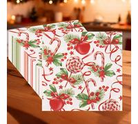 Trimming Shop 40pcs Red Christmas Paper Napkins - 2 ply 33cm Festive Table Napkins with Candy Canes, Baubles, Holly & Poinsettia for Xmas Dinner, Parties, Banquets & Winter Table Decorations
