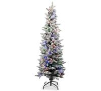 Trimming Shop 4ft Frosted Slim Artificial Christmas Tree, 100 LEDs | Snow-Kissed Green PVC/PE Pine Tree With Colourful Lights 163 Tips, Bushy Design, Foldable Metal Stand For Home & Office Decor