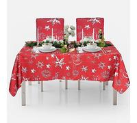Trimming Shop 4pcs Christmas Rectangle Table Cloth & Chair Covers, Snowflakes Star Red-White Dining Chair Slipcovers 60 x 84inch Tablecover, Table Protector for Xmas Holiday Festive Party Decor Set