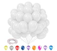 Trimming Shop 50Pcs 10” White Party Balloons with 10m White Curling Ribbon Roll, Strong Thick Helium Quality Latex Round Balloons for Weddings, Anniversaries, Baby Showers, Engagement Decorations