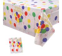 Trimming Shop 54" × 108" Disposable Plastic Table Cover - Waterproof, Rectangular, Vibrant Birthday Party Table Liner with Multicolour Balloons & Happy Birthday Print - Pack of 2