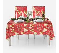 Trimming Shop 60x84 Inch Christmas Table Cloth & 4pcs Chair Cover, Red-Gold | Christmas Ribbon & Leaf Themed Rectangle Table Cover, Dining Chair Slipcovers for Xmas Holiday Festive Party Decor Set