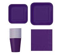 Trimming Shop 64pcs Disposable Party Tableware Set Square, 7" Plates 16pcs, 9" Plates 14pcs, 9oz Cups 14pcs, Napkins 20pcs for BBQs, Weddings, Birthday, Anniversary, Kids Party Supplies, Deep Purple