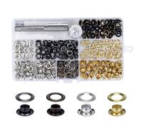 Trimming Shop 6mm Grommet Tool Kit, 100pcs 4 Colours Eyelet with Washers, 3 Part Set Fixing Eyelets Kit for Leather Craft Heavy-Duty Base Setter, Hole Punch & Fixing Tool, 25pcs of Each Colour