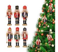 Trimming Shop 6pcs Wooden Nutcracker Soldier Ornaments - 13cm Mini Christmas Tree Decorations for Traditional Xmas Displays, Garlands, Mantels & Gifting