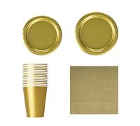 Trimming Shop 70pcs Disposable Party Tableware Set, 7" Round Plates 20pcs, 9" Plates 16pcs, 9oz Cups 14pcs, Napkins 20pcs for BBQs, Weddings, Birthday, Anniversary, Kids Party Supplies, Gold Solid