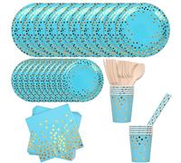 Trimming Shop 80pcs Blue with Gold Polka Dot Party Tableware Set - Disposable Paper Plates, Cups, Napkins, Straws & Cutlery - Elegant Dinnerware for Weddings, Birthdays, Anniversaries & Special Events