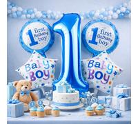 Trimming Shop Baby Boy 1st Birthday Decoration Set, 14" Foil Balloon for Newborn Welcome, Baptism, Gender Reveal, Christening - Blue
