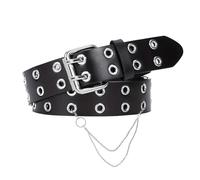 Trimming Shop Black Double Grommet PU Leather Waist Belt with Chain for Women Men Punk Goth Halloween Double Hole Eyelet Belt for Jeans Pants Skirts Dresses (Size M - 89cm)