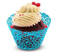Trimming Shop Blue Cupcake Wrappers Laser Cut Floral Design Paper Cup Holders, Muffin Cup Liners for Weddings, Baby Showers, Birthdays, Anniversaries & Special Events (Pack of 25)