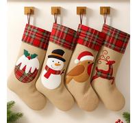 Trimming Shop Christmas Stockings Large Santa Xmas Printed Pattern Burlap Hessian Linen Sock Reindeer Snowman Robin Pudding For Fireplace Candy Gifts Decoration Novelty Accessories, 4pcs, 26 x 45cm