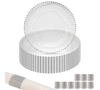 Trimming Shop Clear Charger Plates Set of 10 and 10 Pack Acrylic Silver Napkin Rings, Glass Charger Plate Beaded Design 33cm Chargers for Dinner Serving Plates Decor Wedding Decoration