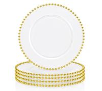 Trimming Shop Clear Glass Charger Plate with Golden Beaded Rim, 6pcs