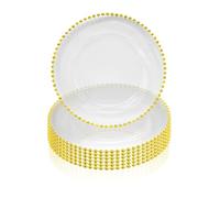 Trimming Shop Elegant Glass Charger Plates with Gold Bead Design, Perfect for Weddings, Parties, and Dining Event Décor - Decorative Glass Chargers with Golden Beaded Rim, Pack of 6