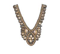 Trimming Shop Gold and Silver Beaded Rhinestone Crystal Embroidered Collar Lace V-Shape Neckline Applique on Black Mesh Jewel Neckline for Gowns Dresses Jackets Top, 2pcs