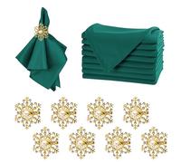 Trimming Shop Green Napkins and Gold Pearl Napkin Ring Set, 16 Pieces