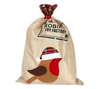 Trimming Shop Large Burlap Santa Sack, Robin Christmas Bag with Red Tartan Plaid Cuff, Robin’s Toy Factory Print, Rustic Hessian Xmas Gift Sack, Reusable Earth-Friendly Holiday Decoration- 50cm x 70cm
