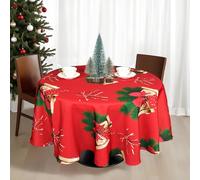Trimming Shop Polyester Table Cloth Round 70 Inch, Water Resistant Wipe Clean Christmas Table Cover Protector for Dining Room, Buffet, Banquet, Xmas Party Holiday Home Decoration, Jingle Bell
