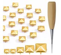 Trimming Shop Pyramid Studs Kit, 6mm, 8mm, 9mm, 12mm, Gold, Spike Rivets with Prongs & Awl Tool for Leathercraft, Jackets, Bags & DIY Embellishment - 400pcs